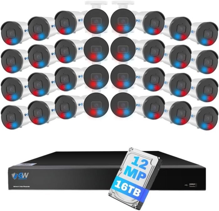 GW Security 64 Channel NVR 12MP (4096x3072) Face/Human/Cars/License Plate Detection PoE Security Camera System with 32 x 6K 12MP Full Color Night Vision Waterproof 2-Way Audio Bullet Camera, 16TB HDD - Image 1