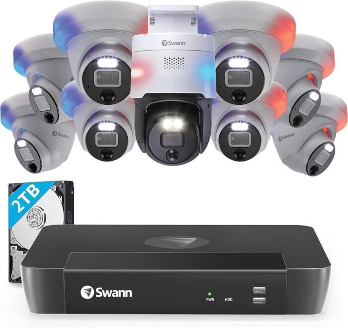 SWANN Pro 4K Ultra HD, 16 Channel Security Camera System, 2TB NVR, 8 Dome + 1 Pan & Tilt PoE IP Cameras Outdoor, 12MP Video, Wired Surveillance CCTV, Motion 24/7 Recording Security Camera, 169008DE1PT - Image 1